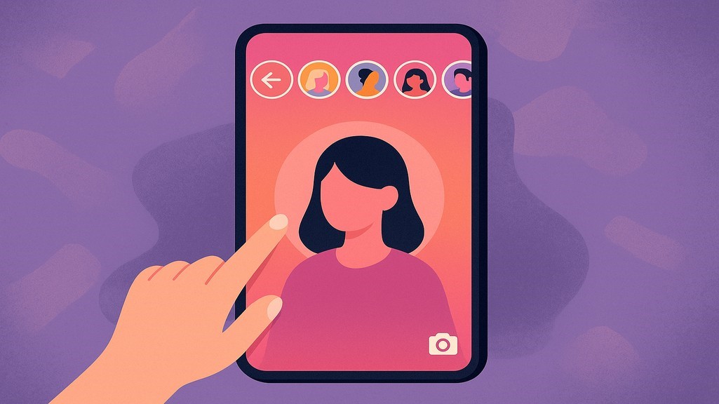 A purple background. There is a screen on it. A person checks the stories of Instagram users.
