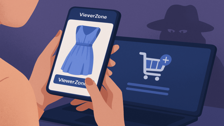 A digital illustration of a woman holding a smartphone, staring at a trendy dress in an Instagram story screen. Mood indicates anonymous and incognito viewing with gentle shadows.
