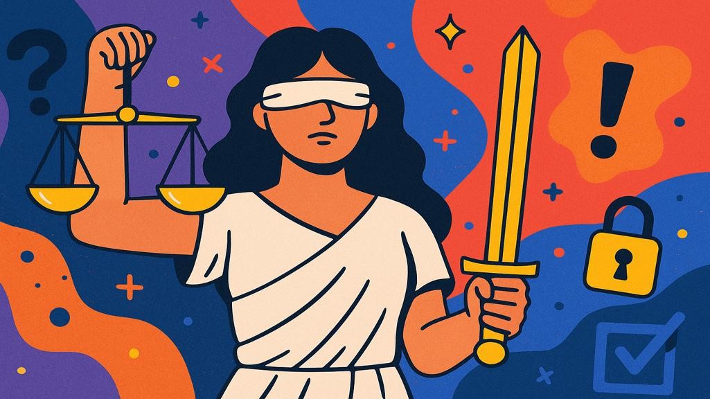 A woman who holds scales and swords. It represents justice and law.