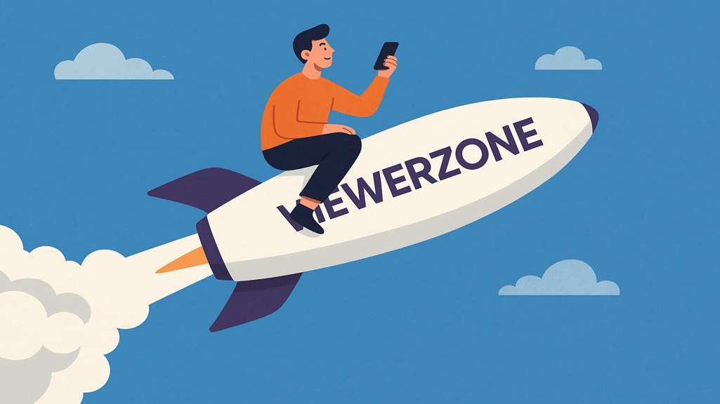 A young man rides through space in a rocket ship all the way into the atmosphere, cheerfully carrying a smartphone. It rides through the clouds with white smoke billowing behind it. Its body has the imprint “ViewerZone,” which has speed and internet power written all over it.